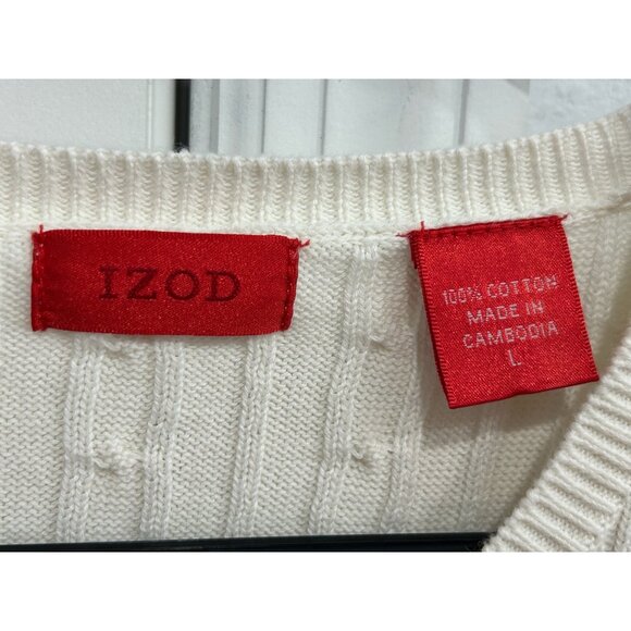 Izod Mens Cable Knit V-Neck Sweater Cotton White Classic Design Sz L - Picture 5 of 9